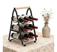 Asixxsix Rack à vin en Fer, 3 Niveaux 9 Bouteilles Supporteur de vin de comptoir Pliable avec poignée en Bois, pour la Maison Restaurant Bar Cuisine Tabletop Cave de Stockage