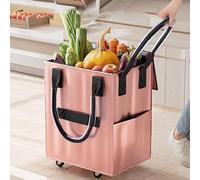 Asixxsix Sac D'épicerie Réutilisable sur Roulettes, Sac Fourre-tout Pliable à Roulettes avec Poignée Robuste, Chariot de Courses Pliable avec pour les Courses, la Lessive et le (Or Rose)