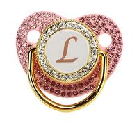 Asixxsix Sucette bébé Dorée Strass Lettre Bling bébé Sucette Personnalisée Bling Sucette Incurvée en Silicone avec Clip de Chaîne pour bébé Douche Nouveau-né Photographie (Lettre L)