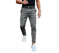 ASIYAN Pantalon Chino Slim Stretch À Carreaux for Homme, avec Poches, Motif À Carreaux, Style Décontracté Et Élastique, À Boutons.(Gray,S)