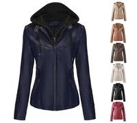 ASIYAN Veste À Capuche en Similicuir for Femme De Moto Fonctionnelle À Capuche De Mi-Saison À Manches Longues, Veste D'extérieur Cintrée, Grandes Tailles À Manches Longues(Blue,M)