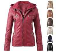 ASIYAN Veste en Cuir À Capuche for Femme, Blouson De Moto en Similicuir De Motard, Vêtement D'extérieur avec Fermeture Éclair Et Poche De Mi-Saison, Grandes Tailles, Manches Longues(Red,4XL)