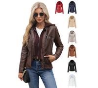 ASIYAN Veste en Cuir Femme Zippée, Manteau À Capuche Courte en Simili Cuir De Mi-Saison, Grandes Tailles À Capuche Manches Longues, Sweat À Capuche Slim Style Motard, Sac Streetwear(Brown,XXL)