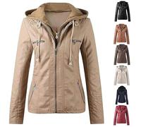 ASIYAN Veste en Cuir Femme Zippée, Manteau À Capuche Courte en Simili Cuir De Mi-Saison, Grandes Tailles À Capuche Manches Longues, Sweat À Capuche Slim Style Motard, Sac Streetwear(Khaki,S)