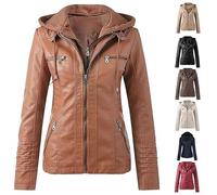 ASIYAN Veste en Cuir for Femme avec Capuche, Veste De Moto d'hiver, Blouson Aviateur De Motard Zippée De Mi-Saison Amovible en Similicuir De Mi-Saison Grande Taille(Orange,XXL)