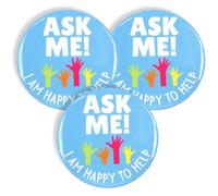 Ask Me Anything Lot de 3 boutons pour bénévoles, enseignants et employés du service clientèle 7,6 cm (Happy to Help Lot de 3), Celluloïd, Sans pierre précieuse