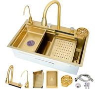 ASKLFNEI 80 × 50 cm Évier de cuisine en cascade - Bol simple doré - Évier de ferme - En acier inoxydable - Bar 1 bac - Évier multifonction - Accessoires de vidange