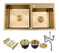 ASKLFNEI Évier Encastré - Double Lavabo - 2 Bacs - Évier De Cuisine - en Acier Inoxydable - Double Bac avec Égouttoir - Égouttoir À Encastrer -Accessoires pour Évier De Cuisine(Gold,75x40cm)
