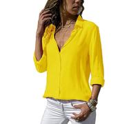 ASKSA Damen Bluse Chiffon Elegant Langarm Oberteile Einfarbig V-Ausschnitt Lose Hemdbluse T-Shirt Tops, Orange, XL