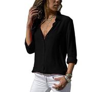 ASKSA Damen Bluse Chiffon Elegant Langarm Oberteile Einfarbig V-Ausschnitt Lose Hemdbluse T-Shirt Tops, Noir , M