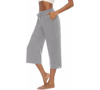 ASKSA Femme 3/4 Pantalon Capri à Jambe Large Pantalons de Pants Jogging de Yoga en Couleur Unie Vrac D'été avec Poches (Gris,L)