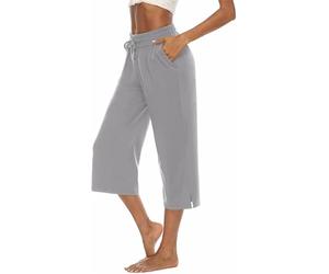 ASKSA Femme 3/4 Pantalon Capri à Jambe Large Pantalons de Pants Jogging de Yoga en Couleur Unie Vrac D'été avec Poches (Gris,L)