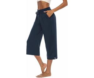 ASKSA Femme 3/4 Pantalon Capri à Jambe Large Pantalons de Pants Jogging de Yoga en Couleur Unie Vrac D'été avec Poches (Bleu Marine,S)