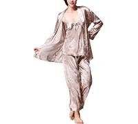 ASKSA Femme 3 en 1 Pyjamas Soie Trois Pièces Costume 3PC Confortable Satin De Nuit Ensemble Camisole Manches Longues PeigChameaus avec Ceinture Pyjama Pantalon Vêtements De Maison(Chameau,M)