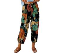 ASKSA Femme 7/8 Imprimé Lin Pantalons Été Ample Pants Cordon pour Décontracté à Jambes en avec Poches (Noir,XXL)