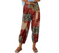 ASKSA Femme 7/8 Imprimé Lin Pantalons Été Ample Pants Cordon pour Décontracté à Jambes en avec Poches (Rouge,XXL)