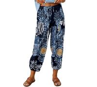 ASKSA Femme 7/8 Imprimé Lin Pantalons Été Ample Pants Cordon pour Décontracté à Jambes en avec Poches (Bleu Foncé,L)