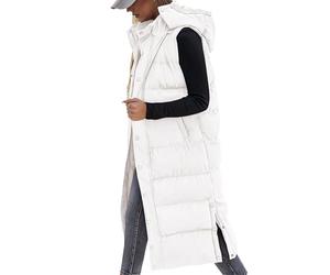 ASKSA Femme Gilet Manteau sans Manche d'hiver Chaud Long Doudoune avec Capuche D'extérieur Zippée Matelassé Veste (Blanc,XXL)