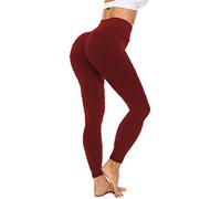 ASKSA Femme Leggings Pantalon de Sport en Nid d'abeille Anti Cellulite Pantalon de Yoga Taille Haute Stretch Push Up Workout Long Sports Fitness Pantalons de Jogging(Rouge,M)