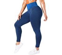 ASKSA Femme Leggings Pantalon de Sport en Nid d'abeille Anti Cellulite Pantalon de Yoga Taille Haute Stretch Push Up Workout Long Sports Fitness Pantalons de Jogging(Bleu,M)