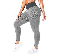 ASKSA Femme Leggings Pantalon de Sport en Nid d'abeille Anti Cellulite Pantalon de Yoga Taille Haute Stretch Push Up Workout Long Sports Fitness Pantalons de Jogging(Gris,M)