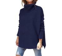 ASKSA Femme Pulls Col Roulé Sweater Grosse Maille Manches Longues Hiver Grande Taille Pullover Oversize Basique Torsade (Bleu foncé,M)