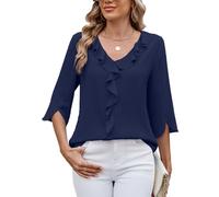 ASKSA Femme T-Shirt À Manches 3/4 Col en V À Volants Lâches Élégante Été Couleur Unie Business Décontracté Haut Tops (Bleu Marine,M)