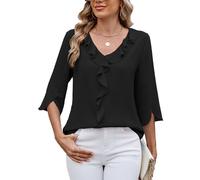 ASKSA Femme T-Shirt À Manches 3/4 Col en V À Volants Lâches Élégante Été Couleur Unie Business Décontracté Haut Tops (Noir,S)