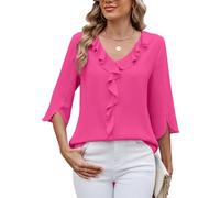 ASKSA Femme T-Shirt À Manches 3/4 Col en V À Volants Lâches Élégante Été Couleur Unie Business Décontracté Haut Tops (Rose Rouge,L)