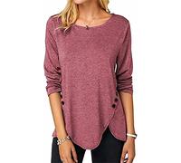 ASKSA Femme T-Shirt à Manches Longues Chemise à Col Rond Tops Lâche Long Tshirts Blouse Tunique avec Boutons (Rose Rouge,XL)