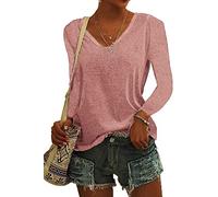 ASKSA Femme T-Shirt à Manches Longues Col en V Couleur Unie Tee Hauts Chemises Amples de Base Shirts (Rose,M)