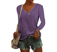ASKSA Femme T-Shirt à Manches Longues Col en V Couleur Unie Tee Hauts Chemises Amples de Base Shirts (Violet,XL)