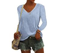 ASKSA Femme T-Shirt à Manches Longues Col en V Couleur Unie Tee Hauts Chemises Amples de Base Shirts (Bleu Clair,M)