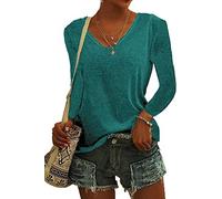 ASKSA Femme T-Shirt à Manches Longues Col en V Couleur Unie Tee Hauts Chemises Amples de Base Shirts (Bleu Lac,XL)