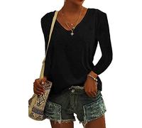 ASKSA Femme T-Shirt à Manches Longues Col en V Couleur Unie Tee Hauts Chemises Amples de Base Shirts (Noir,M)