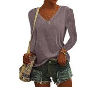 ASKSA Femme T-Shirt à Manches Longues Col en V Couleur Unie Tee Hauts Chemises Amples de Base Shirts (Gris Marron,L)