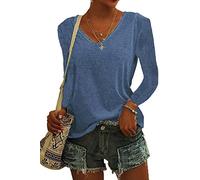ASKSA Femme T-Shirt à Manches Longues Col en V Couleur Unie Tee Hauts Chemises Amples de Base Shirts (Bleu,XL)