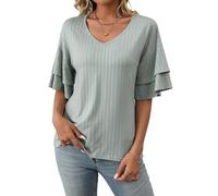 ASKSA Femme T-Shirt Col V Chemisiers et Blouses à Manches Courtes à Volants Été Haut Top Femme Chic et Élégant (Vert,L)