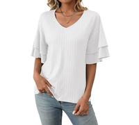 ASKSA Femme T-Shirt Col V Chemisiers et Blouses à Manches Courtes à Volants Été Haut Top Femme Chic et Élégant (Blanc,S)