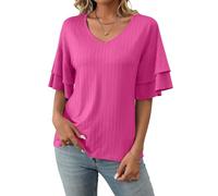 ASKSA Femme T-Shirt Col V Chemisiers et Blouses à Manches Courtes à Volants Été Haut Top Femme Chic et Élégant (Rose Rouge,L)