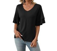 ASKSA Femme T-Shirt Col V Chemisiers et Blouses à Manches Courtes à Volants Été Haut Top Femme Chic et Élégant (Noir,L)