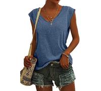 ASKSA Femme T-Shirt Débardeur Col en V à Mancherons été Couleur Unie Sport Tee Hauts Chemises Amples de Base Shirts (Bleu,XL)