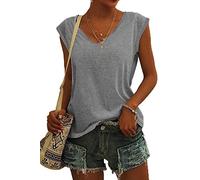 ASKSA Femme T-Shirt Débardeur Col en V à Mancherons été Couleur Unie Sport Tee Hauts Chemises Amples de Base Shirts (Gris,XXL)