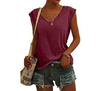 ASKSA Femme T-Shirt Débardeur Col en V à Mancherons été Couleur Unie Sport Tee Hauts Chemises Amples de Base Shirts (Vin Rouge,XXL)