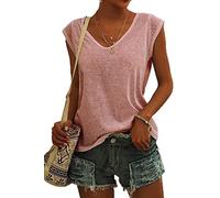 ASKSA Femme T-Shirt Débardeur Col en V à Mancherons été Couleur Unie Sport Tee Hauts Chemises Amples de Base Shirts (Rose,L)