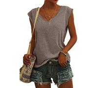 ASKSA Femme T-Shirt Débardeur Col en V à Mancherons été Couleur Unie Sport Tee Hauts Chemises Amples de Base Shirts (Gris Marron,L)