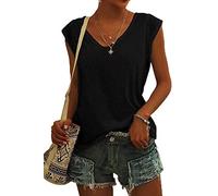 ASKSA Femme T-Shirt Débardeur Col en V à Mancherons été Couleur Unie Sport Tee Hauts Chemises Amples de Base Shirts (Noir,L)