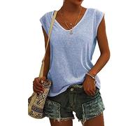 ASKSA Femme T-Shirt Débardeur Col en V à Mancherons été Couleur Unie Sport Tee Hauts Chemises Amples de Base Shirts (Bleu Clair,M)