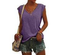 ASKSA Femme T-Shirt Débardeur Col en V à Mancherons été Couleur Unie Sport Tee Hauts Chemises Amples de Base Shirts (Violet,S)