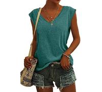 ASKSA Femme T-Shirt Débardeur Col en V à Mancherons été Couleur Unie Sport Tee Hauts Chemises Amples de Base Shirts (Bleu Lac,M)